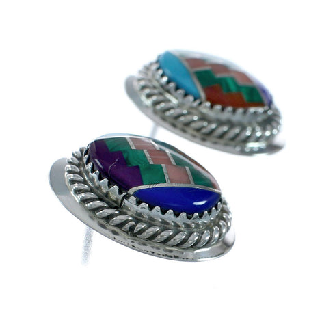 Multicolor Native American Inlay Sterling Silver Post Earrings X11337